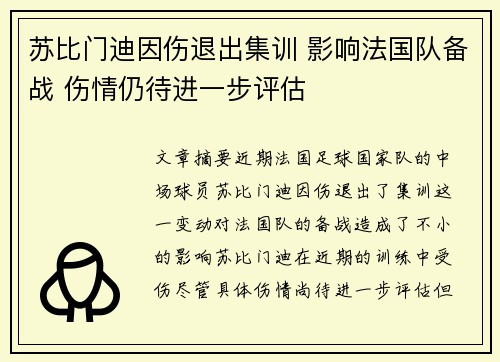 苏比门迪因伤退出集训 影响法国队备战 伤情仍待进一步评估 苏比门迪因伤退出集训 影响法国队备战 伤情仍待进一步评估
